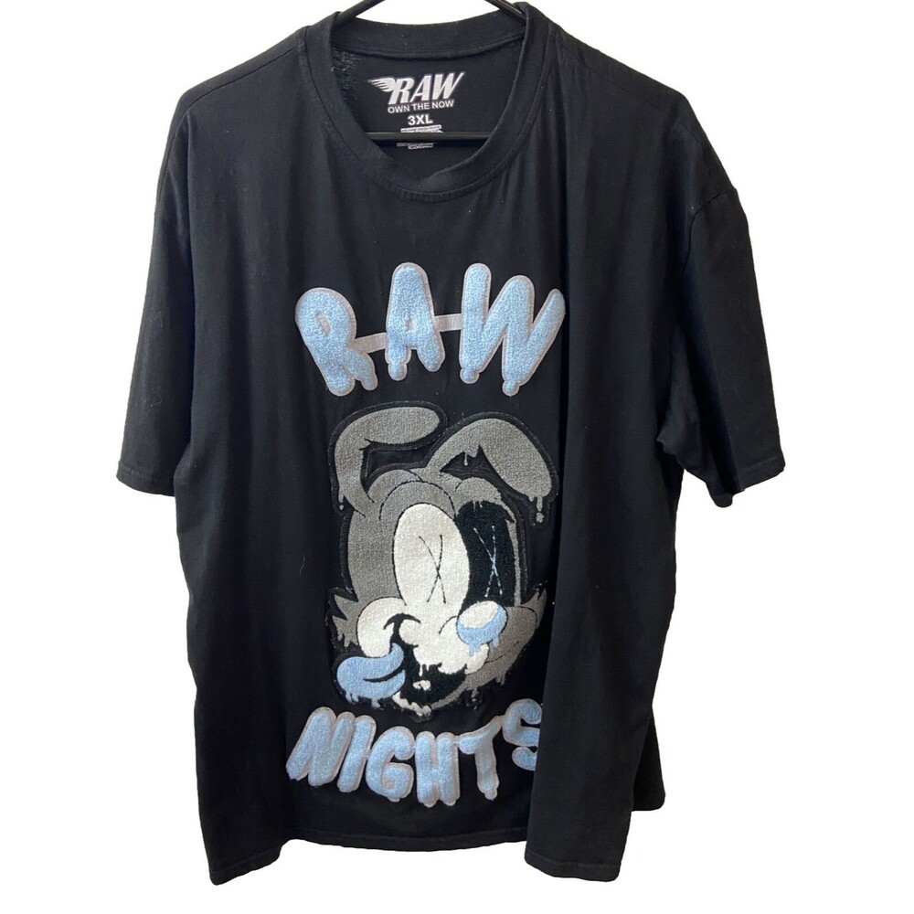 Raw Own The Now T-shirt Size 3X Black Blue White Black-out Bunny Patched